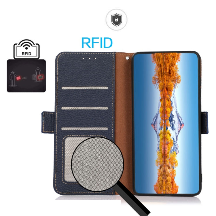 For Motorola Moto G73 5G KHAZNEH Side-Magnetic Litchi Genuine Leather RFID Phone Case(Blue) - Motorola Cases by buy2fix | Online Shopping UK | buy2fix