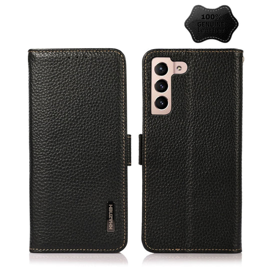 For Samsung Galaxy A24 4G KHAZNEH Side-Magnetic Litchi Genuine Leather RFID Phone Case(Black) - Galaxy Phone Cases by buy2fix | Online Shopping UK | buy2fix