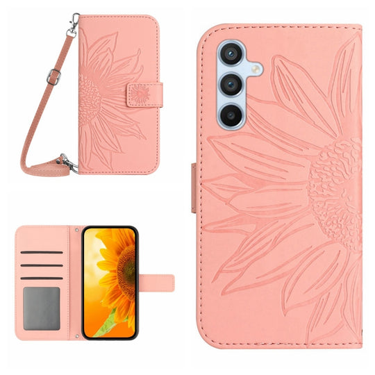 For Samsung Galaxy A24 4G HT04 Skin Feel Sun Flower Embossed Flip Leather Phone Case with Lanyard(Pink)