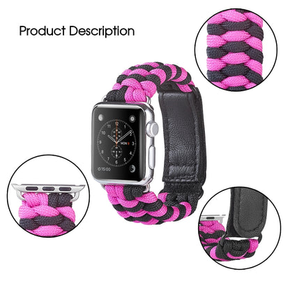 Paracord Plain Weave Hook And Loop Fastener Nylon Watch Band For Apple Watch Ultra 49mm&Watch Ultra 2 49mm / Series 9&8&7 45mm / SE 3&SE 2&6&SE&5&4 44mm / 3&2&1 42mm(Pink) by buy2fix