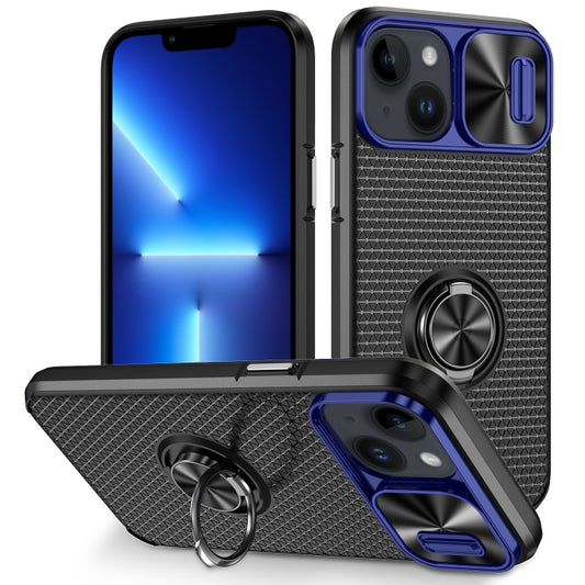 For iPhone 14 Plus Sliding Camshield Armor Phone Case with Ring Holder(Blue Black) - iPhone 14 Plus Cases by buy2fix | Online Shopping UK | buy2fix