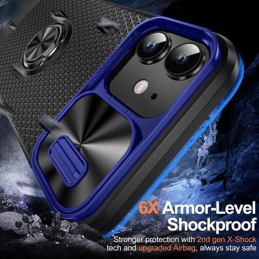 For iPhone 14 Plus Sliding Camshield Armor Phone Case with Ring Holder(Blue Black) - iPhone 14 Plus Cases by buy2fix | Online Shopping UK | buy2fix
