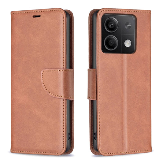 For Xiaomi Redmi Note 13 4G Global Lambskin Texture Pure Color Flip Leather Phone Case(Brown) - Xiaomi Cases by buy2fix | Online Shopping UK | buy2fix