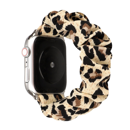 For Apple Watch Ultra 49mm&Watch Ultra 2 49mm / Series 9&8&7 45mm / SE 3&SE 2&6&SE&5&4 44mm / 3&2&1 42mm Cloth + Stainless Steel Hair Ring Watch Band(Leopard Print)