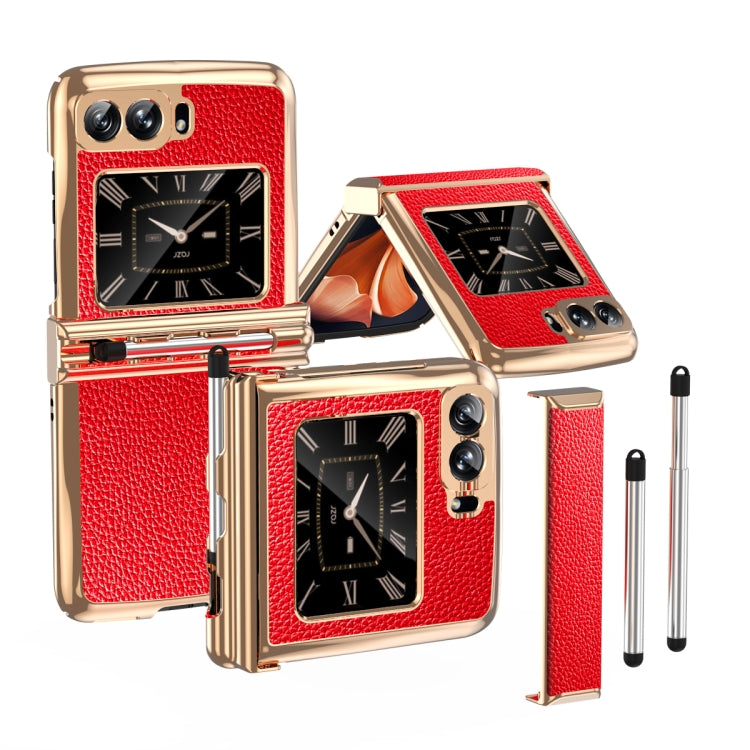 For Motorola Razr 2022 Foldable Electroplated Plain Leather Phone Case with Stylus(Red) - Motorola Cases by buy2fix | Online Shopping UK | buy2fix