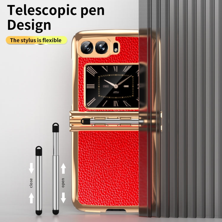 For Motorola Razr 2022 Foldable Electroplated Plain Leather Phone Case with Stylus(Red) - Motorola Cases by buy2fix | Online Shopping UK | buy2fix