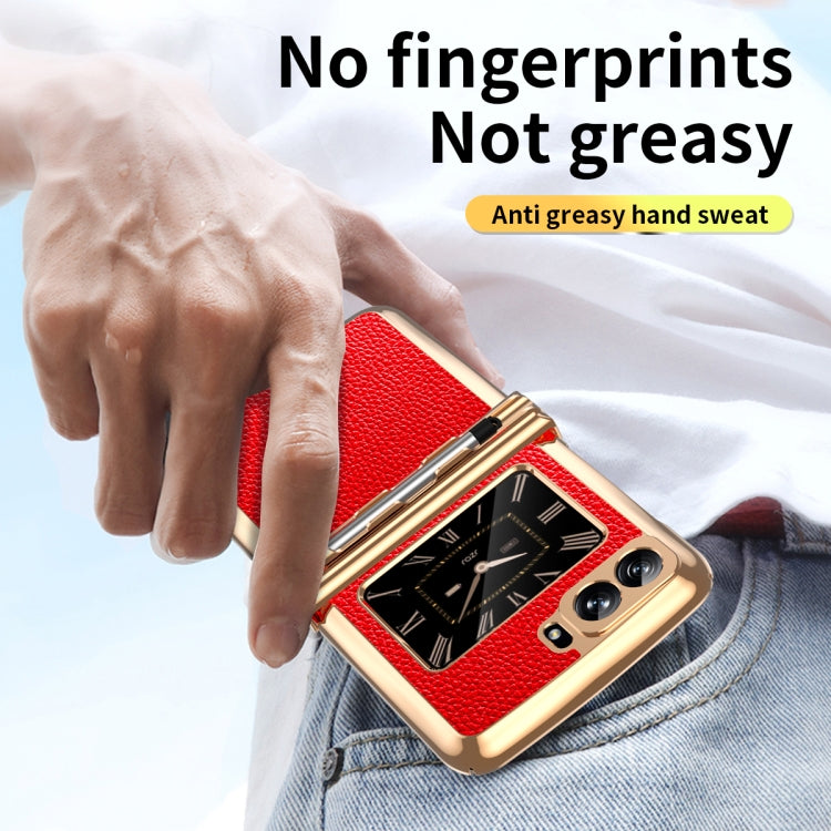 For Motorola Razr 2022 Foldable Electroplated Plain Leather Phone Case with Stylus(Red) - Motorola Cases by buy2fix | Online Shopping UK | buy2fix
