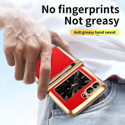 For Motorola Razr 2022 Foldable Electroplated Plain Leather Phone Case with Stylus(Red) - Motorola Cases by buy2fix | Online Shopping UK | buy2fix