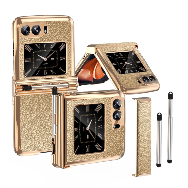 For Motorola Razr 2022 Foldable Electroplated Plain Leather Phone Case with Stylus(Gold) - Motorola Cases by buy2fix | Online Shopping UK | buy2fix