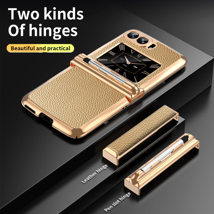 For Motorola Razr 2022 Foldable Electroplated Plain Leather Phone Case with Stylus(Gold) - Motorola Cases by buy2fix | Online Shopping UK | buy2fix