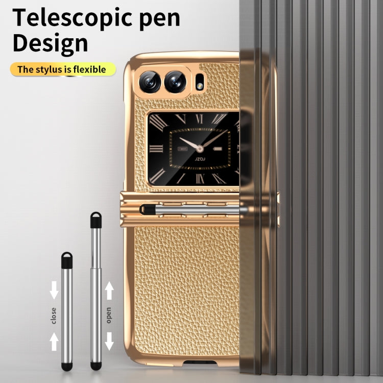 For Motorola Razr 2022 Foldable Electroplated Plain Leather Phone Case with Stylus(Gold) - Motorola Cases by buy2fix | Online Shopping UK | buy2fix
