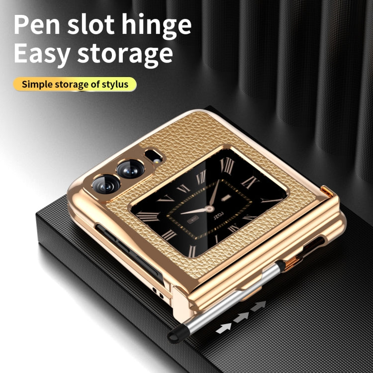 For Motorola Razr 2022 Foldable Electroplated Plain Leather Phone Case with Stylus(Gold) - Motorola Cases by buy2fix | Online Shopping UK | buy2fix