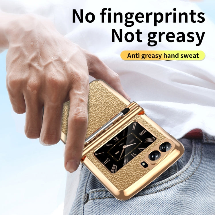 For Motorola Razr 2022 Foldable Electroplated Plain Leather Phone Case with Stylus(Gold) - Motorola Cases by buy2fix | Online Shopping UK | buy2fix