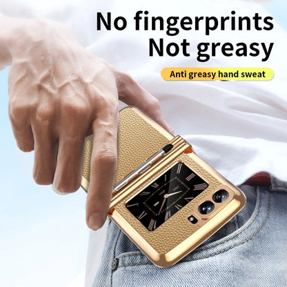 For Motorola Razr 2022 Foldable Electroplated Plain Leather Phone Case with Stylus(Gold) - Motorola Cases by buy2fix | Online Shopping UK | buy2fix