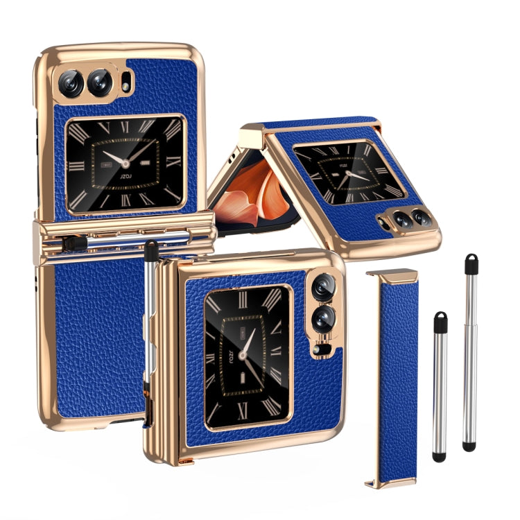For Motorola Razr 2022 Foldable Electroplated Plain Leather Phone Case with Stylus(Blue) - Motorola Cases by buy2fix | Online Shopping UK | buy2fix