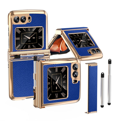 For Motorola Razr 2022 Foldable Electroplated Plain Leather Phone Case with Stylus(Blue) - Motorola Cases by buy2fix | Online Shopping UK | buy2fix