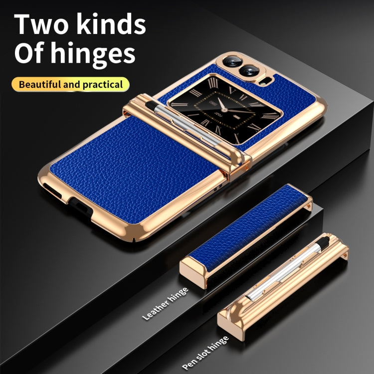 For Motorola Razr 2022 Foldable Electroplated Plain Leather Phone Case with Stylus(Blue) - Motorola Cases by buy2fix | Online Shopping UK | buy2fix