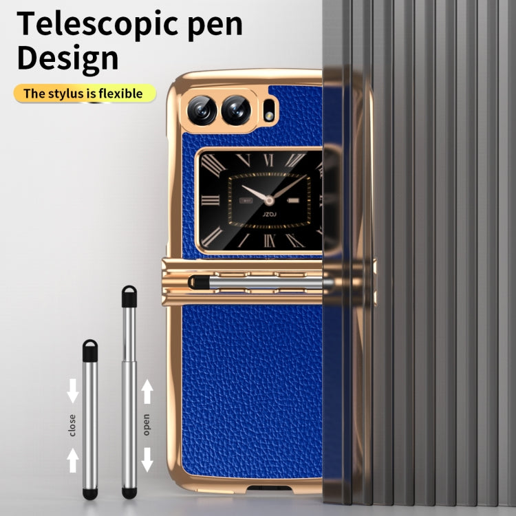 For Motorola Razr 2022 Foldable Electroplated Plain Leather Phone Case with Stylus(Blue) - Motorola Cases by buy2fix | Online Shopping UK | buy2fix