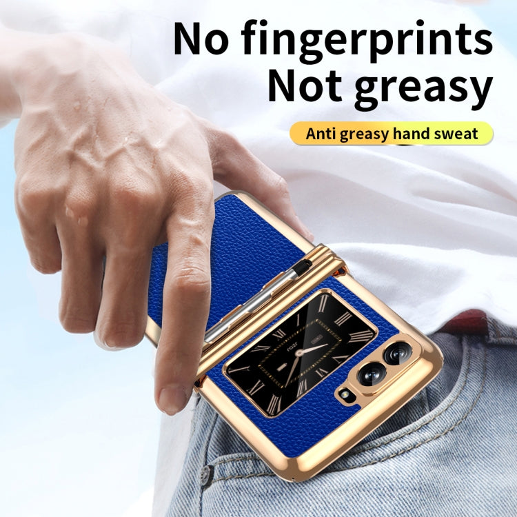 For Motorola Razr 2022 Foldable Electroplated Plain Leather Phone Case with Stylus(Blue) - Motorola Cases by buy2fix | Online Shopping UK | buy2fix