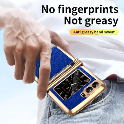 For Motorola Razr 2022 Foldable Electroplated Plain Leather Phone Case with Stylus(Blue) - Motorola Cases by buy2fix | Online Shopping UK | buy2fix