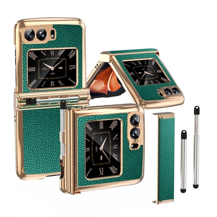 For Motorola Razr 2022 Foldable Electroplated Plain Leather Phone Case with Stylus(Emeralds) - Motorola Cases by buy2fix | Online Shopping UK | buy2fix