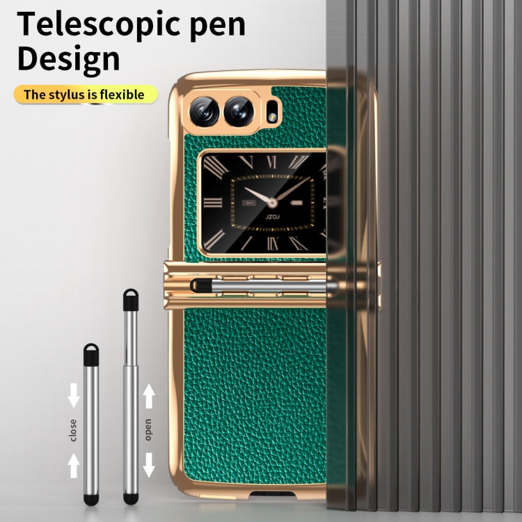 For Motorola Razr 2022 Foldable Electroplated Plain Leather Phone Case with Stylus(Emeralds) - Motorola Cases by buy2fix | Online Shopping UK | buy2fix