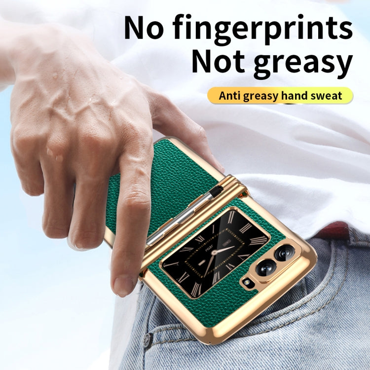 For Motorola Razr 2022 Foldable Electroplated Plain Leather Phone Case with Stylus(Emeralds) - Motorola Cases by buy2fix | Online Shopping UK | buy2fix