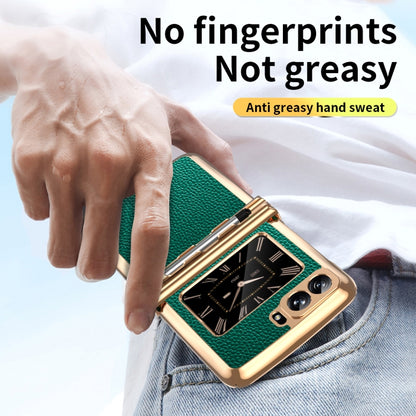 For Motorola Razr 2022 Foldable Electroplated Plain Leather Phone Case with Stylus(Emeralds) - Motorola Cases by buy2fix | Online Shopping UK | buy2fix