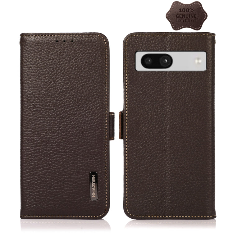 For Google Pixel 7A KHAZNEH Side-Magnetic Litchi Genuine Leather RFID Phone Case(Brown) - Google Cases by buy2fix | Online Shopping UK | buy2fix