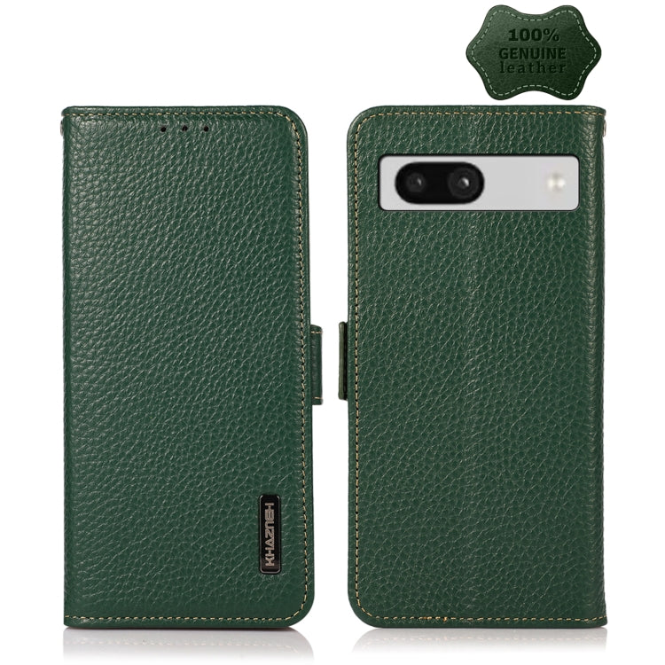 For Google Pixel 7A KHAZNEH Side-Magnetic Litchi Genuine Leather RFID Phone Case(Green) - Google Cases by buy2fix | Online Shopping UK | buy2fix