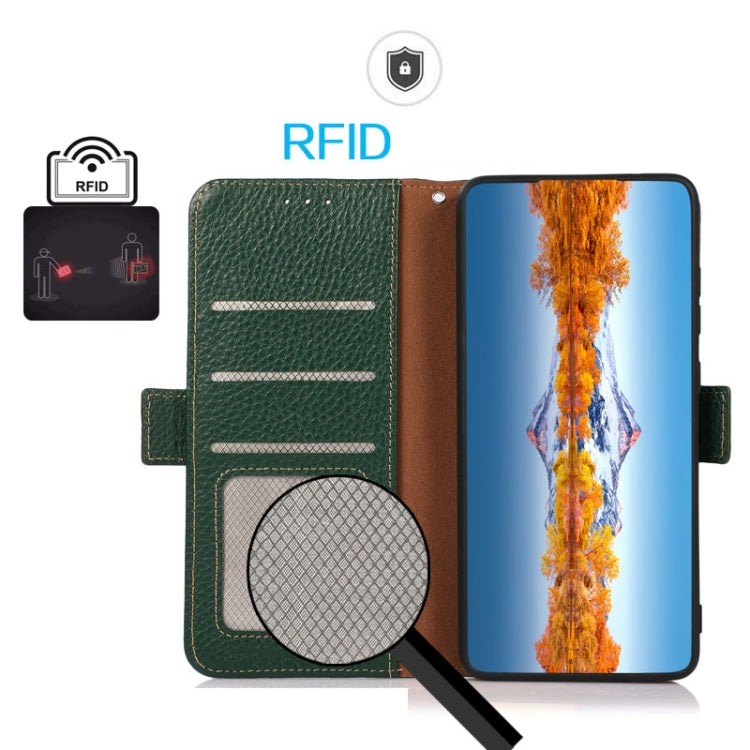 For Google Pixel 7A KHAZNEH Side-Magnetic Litchi Genuine Leather RFID Phone Case(Green) - Google Cases by buy2fix | Online Shopping UK | buy2fix