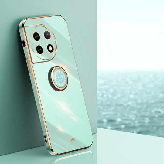 For OnePlus 11 XINLI Straight Edge 6D Electroplate TPU Phone Case with Ring Holder(Mint Green)