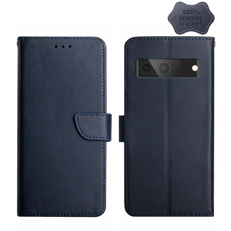 For Google Pixel 7A HT02 Genuine Leather Fingerprint-proof Flip Phone Case(Blue) - Google Cases by buy2fix | Online Shopping UK | buy2fix