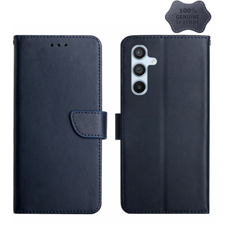For Samsung Galaxy M14 5G HT02 Genuine Leather Fingerprint-proof Flip Phone Case(Blue) - Galaxy Phone Cases by buy2fix | Online Shopping UK | buy2fix