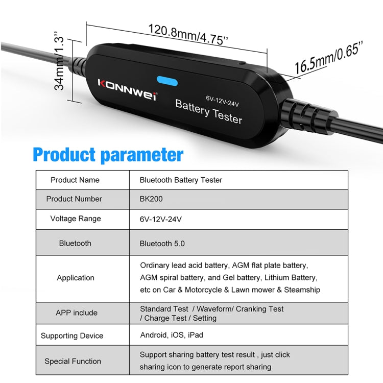 KONNWEI BK200 6V/12V/24V Car Bluetooth Battery Tester(Black) - Electronic Test by KONNWEI | Online Shopping UK | buy2fix