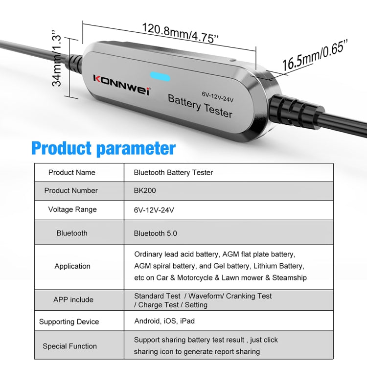 KONNWEI BK200 6V/12V/24V Car Bluetooth Battery Tester(Silver) - Electronic Test by KONNWEI | Online Shopping UK | buy2fix