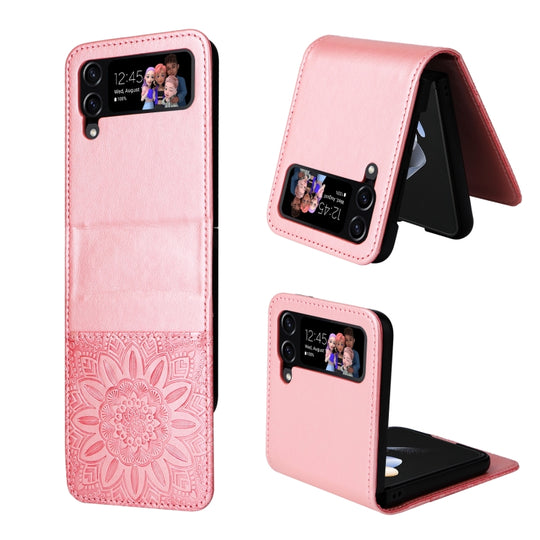 For Samsung Galaxy Z Flip4 5G Embossed Sunflower Leather Phone Case(Rose Gold)