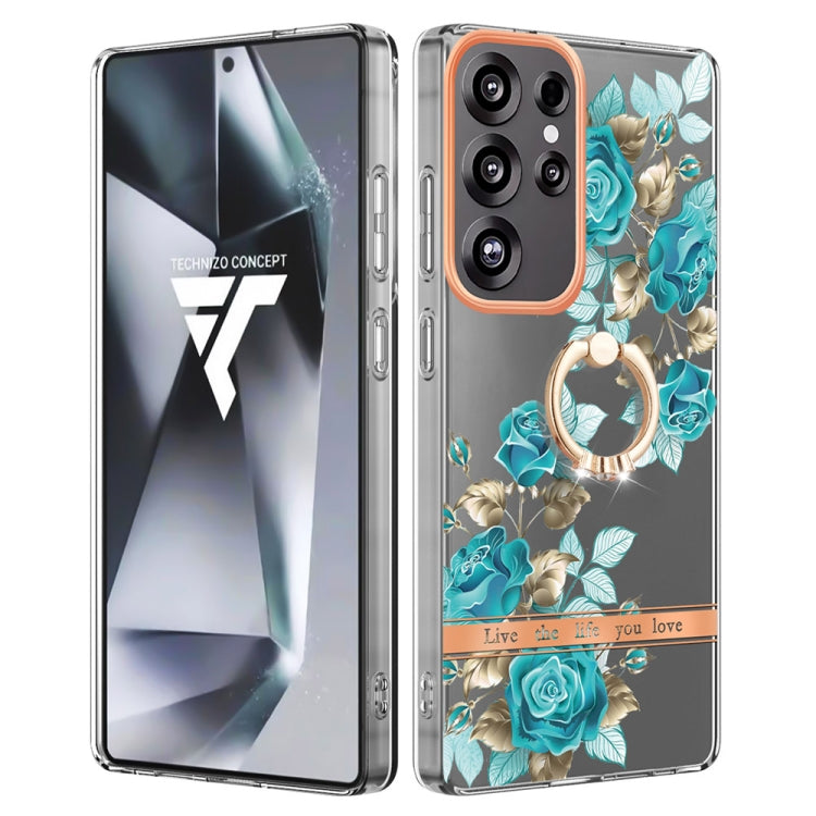 For Samsung Galaxy S25 Ultra 5G Flowers and Plants Series IMD TPU Phone Case with Ring Holder(Blue Rose) by buy2fix