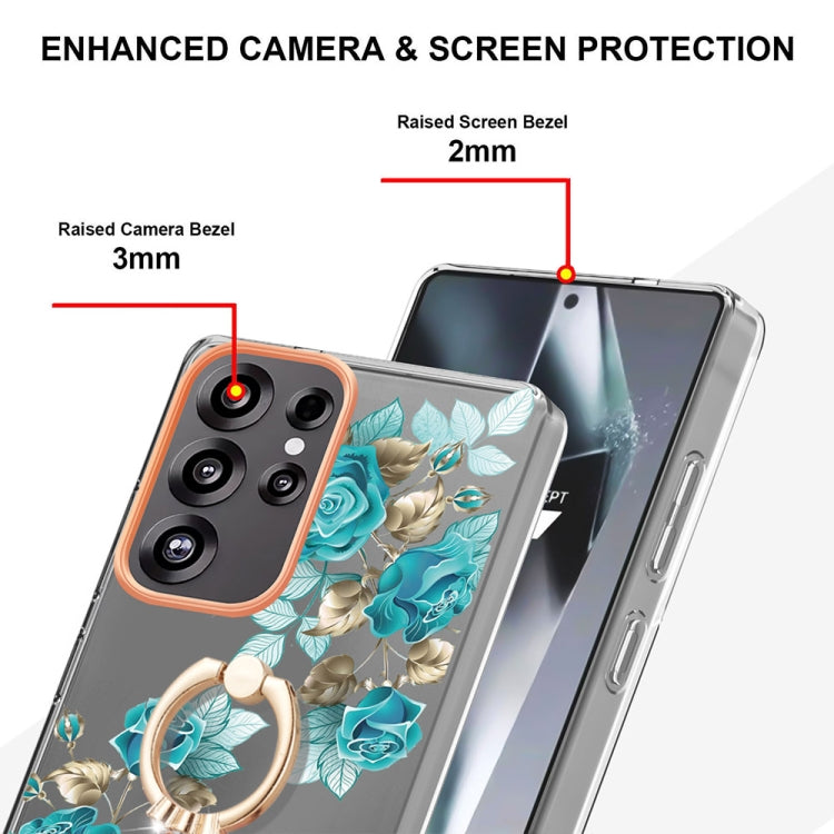 For Samsung Galaxy S25 Ultra 5G Flowers and Plants Series IMD TPU Phone Case with Ring Holder(Blue Rose) by buy2fix