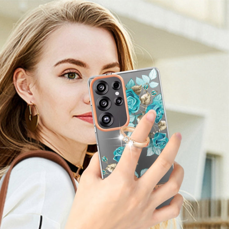 For Samsung Galaxy S25 Ultra 5G Flowers and Plants Series IMD TPU Phone Case with Ring Holder(Blue Rose) by buy2fix