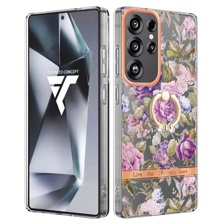 For Samsung Galaxy S25 Ultra 5G Flowers and Plants Series IMD TPU Phone Case with Ring Holder(Purple Peony) by buy2fix
