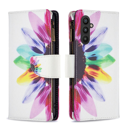 For Samsung Galaxy A24 4G Colored Drawing Pattern Zipper Leather Phone Case(Sun Flower)