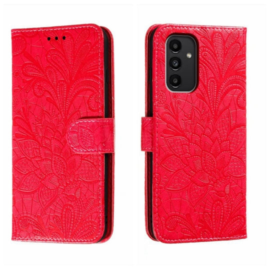 For Samsung Galaxy A14 4G Lace Flower Embossing Flip Leather Phone Case(Red)