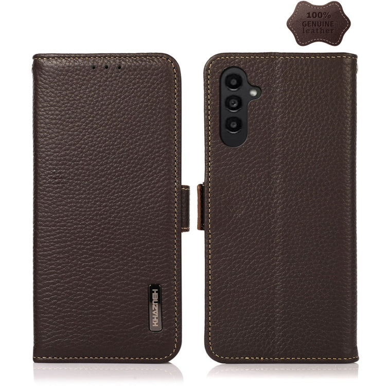 For Samsung Galaxy M14 5G KHAZNEH Side-Magnetic Litchi Genuine Leather RFID Phone Case(Brown) - Galaxy Phone Cases by buy2fix | Online Shopping UK | buy2fix