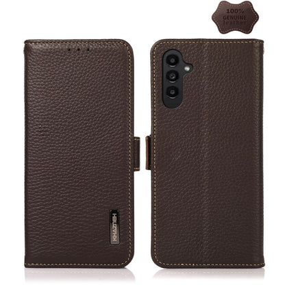 For Samsung Galaxy M14 5G KHAZNEH Side-Magnetic Litchi Genuine Leather RFID Phone Case(Brown) - Galaxy Phone Cases by buy2fix | Online Shopping UK | buy2fix