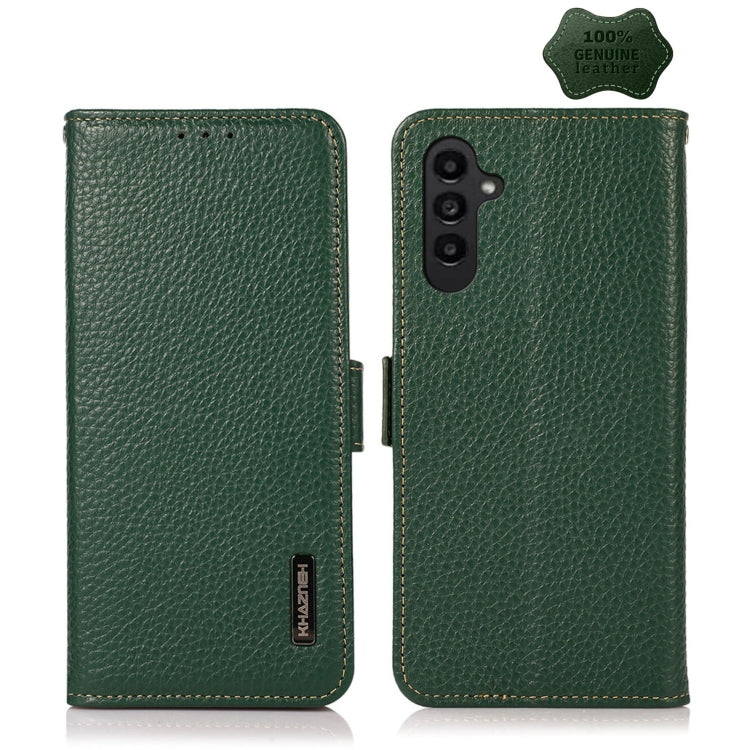 For Samsung Galaxy M14 5G KHAZNEH Side-Magnetic Litchi Genuine Leather RFID Phone Case(Green) - Galaxy Phone Cases by buy2fix | Online Shopping UK | buy2fix