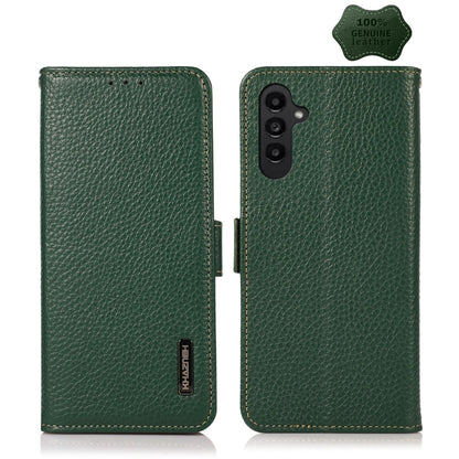 For Samsung Galaxy M14 5G KHAZNEH Side-Magnetic Litchi Genuine Leather RFID Phone Case(Green) - Galaxy Phone Cases by buy2fix | Online Shopping UK | buy2fix