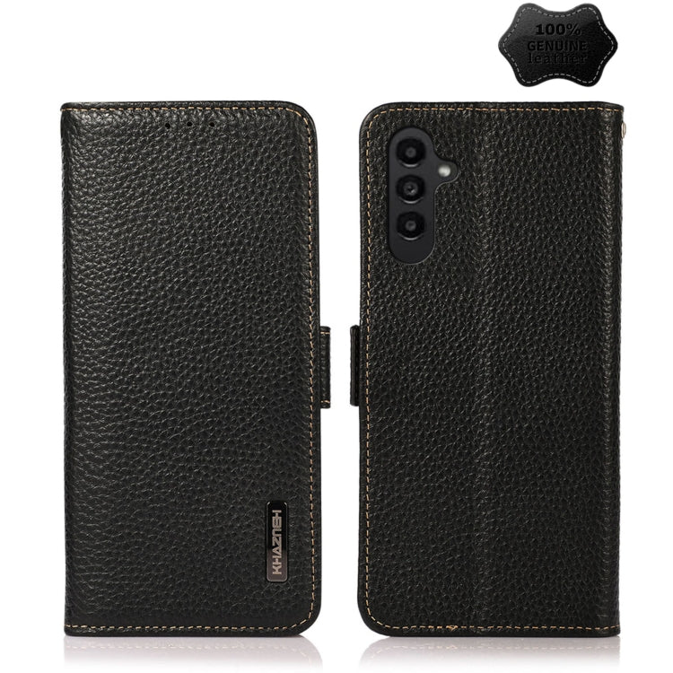 For Samsung Galaxy M14 5G KHAZNEH Side-Magnetic Litchi Genuine Leather RFID Phone Case(Black) - Galaxy Phone Cases by buy2fix | Online Shopping UK | buy2fix
