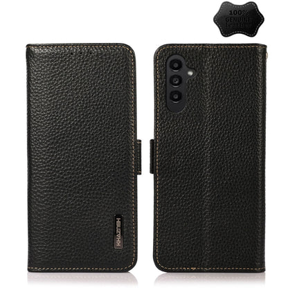 For Samsung Galaxy M14 5G KHAZNEH Side-Magnetic Litchi Genuine Leather RFID Phone Case(Black) - Galaxy Phone Cases by buy2fix | Online Shopping UK | buy2fix