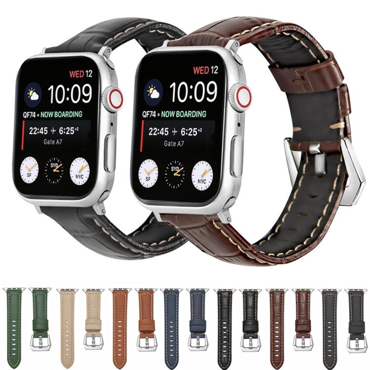 For Apple Watch Ultra 49mm&Watch Ultra 2 49mm / Series 9&8&7 45mm / SE 3&SE 2&6&SE&5&4 44mm / 3&2&1 42mm Silver Buckle Genuine Leather Watch Band(Crocodile Black) by buy2fix
